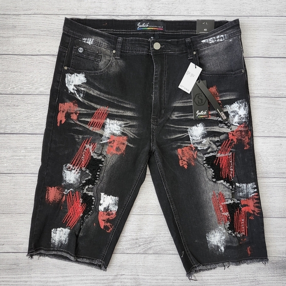 Black and Red Splatter Paint Distressed Men's Biker Shorts (Size 40 & 42) - Picture 1 of 15